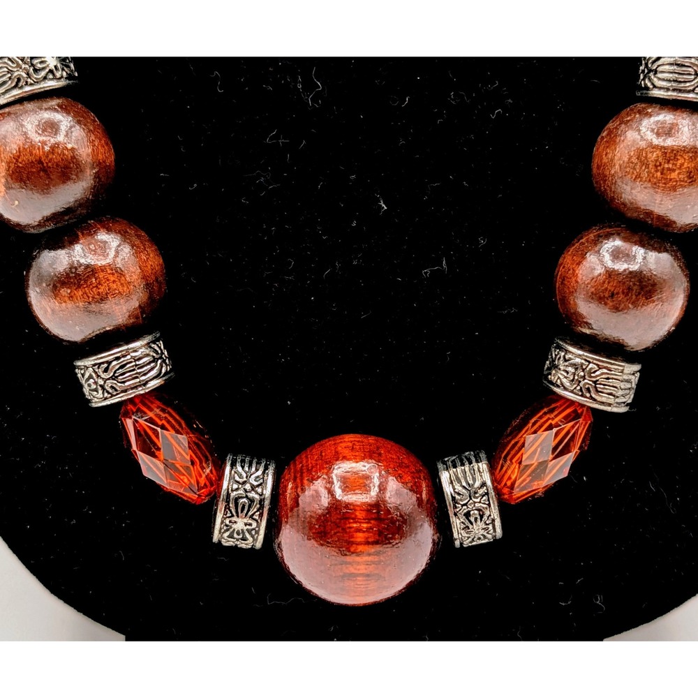 Vintage Boho Wood and Amber Acrylic Beaded Necklace Silver Tone Spacers 28 Inch - Picture 3 of 5